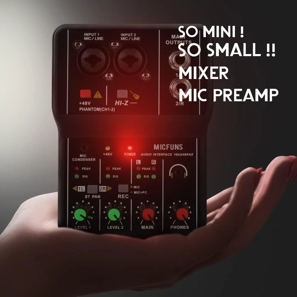 میکسر صوتی DJ مینی 2 کانال با فانتوم پاور 48 ولت، جک کمبو میکروفون/گیتار XLR+6.35mm، ورودی استریو 3.5mm، جک هدفون برای استودیو، اجرای زنده، ضبط مهمانی میکسر صوتی DJ مینی 2 کانال با فانتوم پاور 48 ولت، جک کمبو میکروفون/گیتار XLR+6.35mm، ورودی استریو 3.5mm، جک هدفون برای استودیو، اجرای زنده، ضبط مهمانی