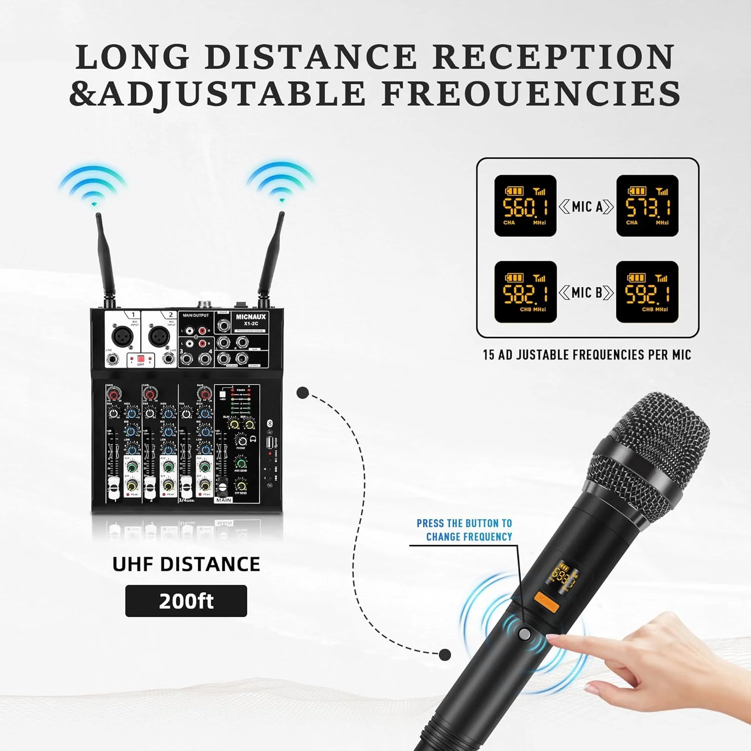 میکسر صوتی 4 کانال، میکسر کارائوکه با دو میکروفون بی سیم، برد صدای حرفه ای DJ، کنسول میکس MP3 بلوتوث، فانتوم پاور 48 ولت، رابط USB برای استودیو ضبط PC