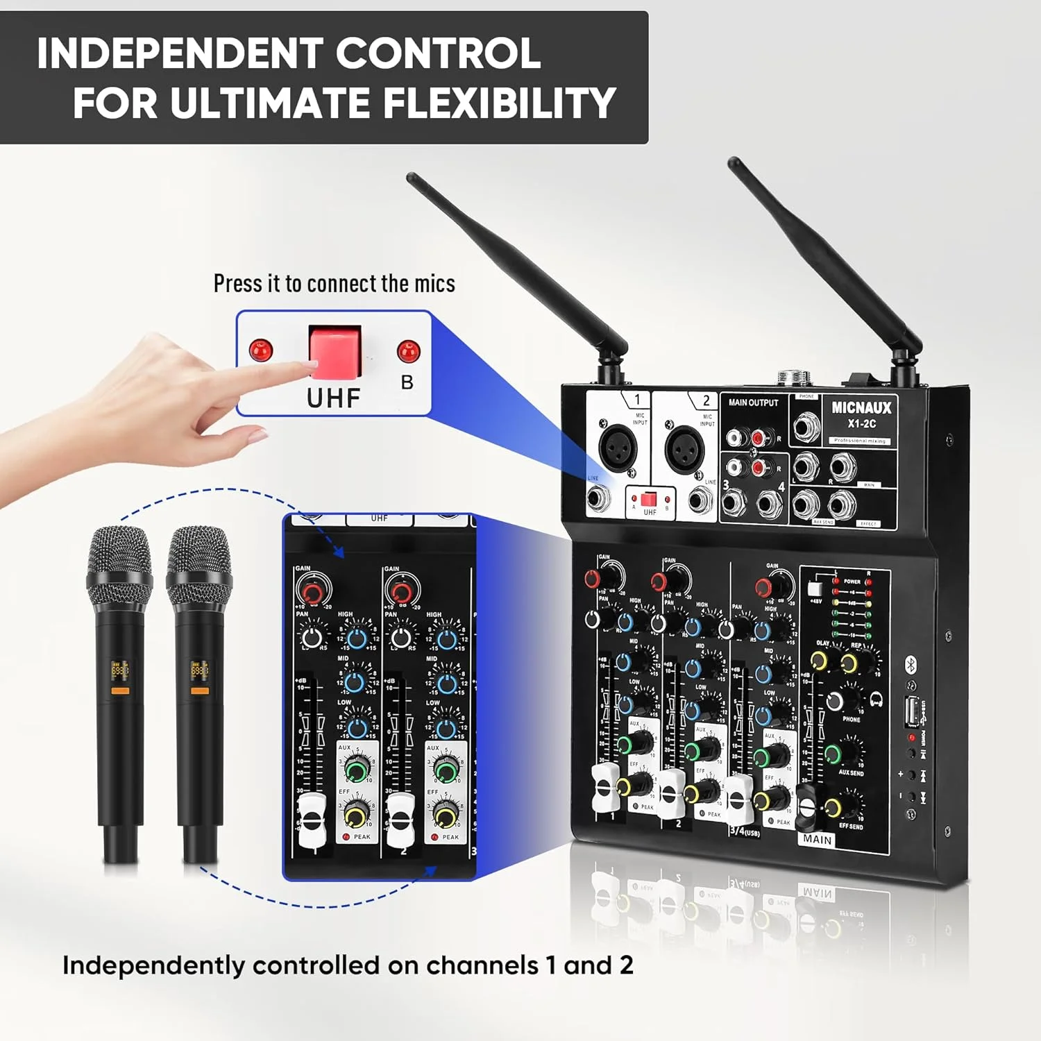 میکسر صوتی 4 کانال، میکسر کارائوکه با دو میکروفون بی سیم، برد صدای حرفه ای DJ، کنسول میکس MP3 بلوتوث، فانتوم پاور 48 ولت، رابط USB برای استودیو ضبط PC