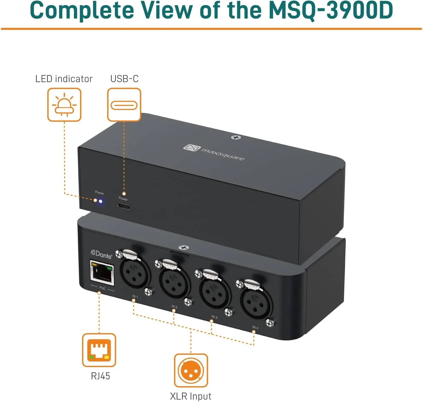 جعبه رابط شبکه صوتی آنالوگ 4 کاناله Dante، چهار ورودی XLR 3 پین، PoE، بدنه آلومینیومی، سازگار با TAA (MSQ-3900D)