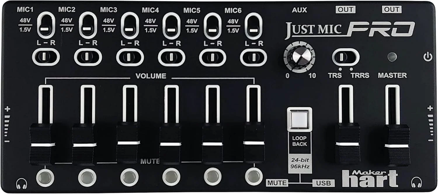 میکسر میکروفون کوچک 6 کاناله Maker hart Just Mic Pro - ورودی میکروفون / فانتوم پاور قابل حمل / رابط صوتی برای پادکست، پخش زنده و کنفرانس