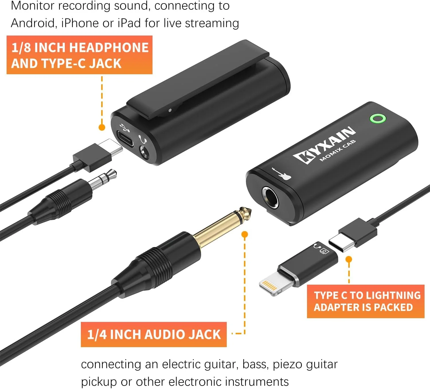 کارت صدای ضبط داخلی جیبی رابط صوتی گیتار با Type-C و Lightning برای پخش زنده توسط iPad، iPhone، Android، PC و لپ تاپ Plug & Play کارت صدای ضبط داخلی جیبی رابط صوتی گیتار با Type-C و Lightning برای پخش زنده توسط iPad، iPhone، Android، PC و لپ تاپ Plug & Play