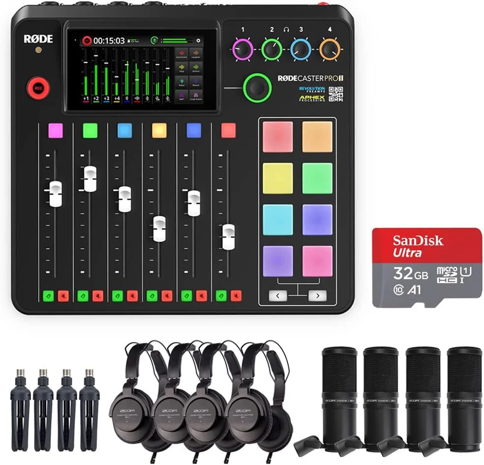 پکیج استودیوی تولید صوتی یکپارچه Kellards Rode RODECaster Pro II به همراه بسته میکروفون پادکست Zoom ZDM-1 چهارتایی و کارت حافظه microSDHC با ظرفیت 32 گیگابایت