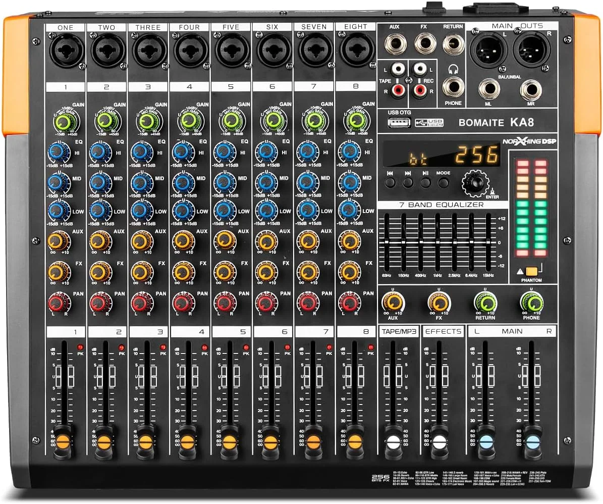 میکسر صوتی 8 کاناله حرفه ای KA8 با USB دیجیتال، ورودی MP3، بلوتوث و فانتوم پاور 48 ولت - ایده آل برای دی جی ها، کلیساها، مدارس و مهمانی ها - عملکرد سطح حرفه ای
