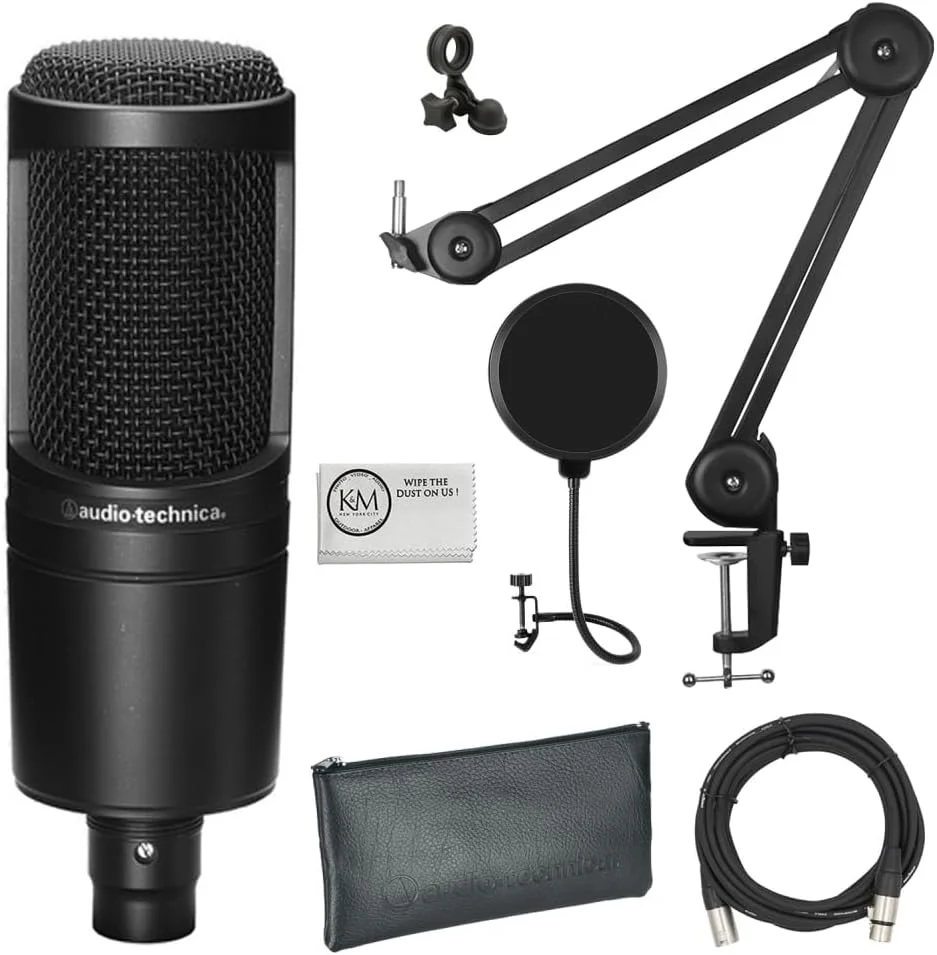 میکروفون کاندنسر کاردیوئید Audio-Technica AT2020 به همراه کابل XLR + بازوی میکروفون + پاپ فیلتر + دستمال تمیز کننده (شامل 5 قطعه)