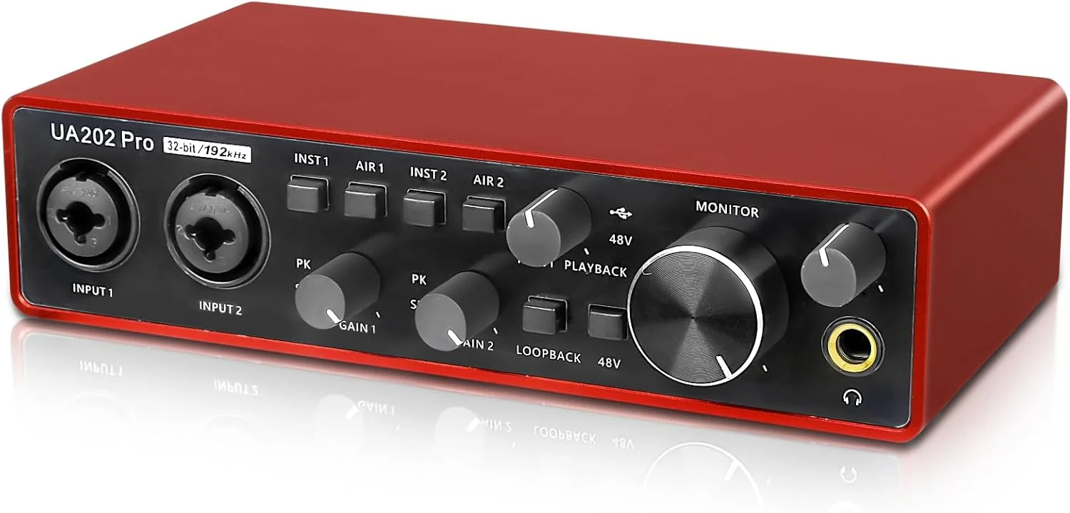 کارت صدای USB برای ضبط موسیقی کامپیوتر (قرمز)، کارت صدای گیتار 2 کاناله، پادکستینگ و استریمینگ 32Bit/192kHz با فانتوم پاور 48 ولت کارت صدای USB برای ضبط موسیقی کامپیوتر (قرمز)، کارت صدای گیتار 2 کاناله، پادکستینگ و استریمینگ 32Bit/192kHz با فانتوم پاور 48 ولت