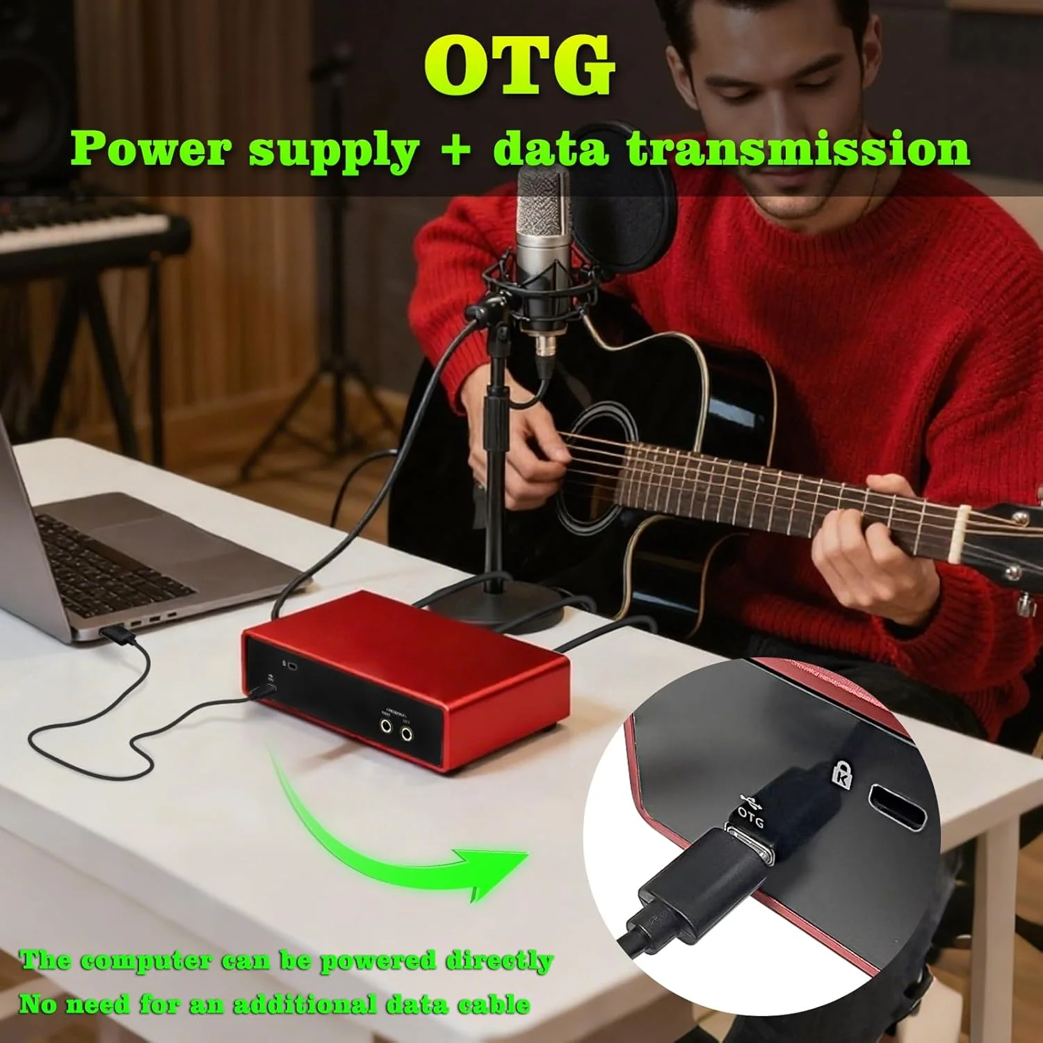 کارت صدای USB برای ضبط موسیقی کامپیوتر (قرمز)، کارت صدای گیتار 2 کاناله، پادکستینگ و استریمینگ 32Bit/192kHz با فانتوم پاور 48 ولت