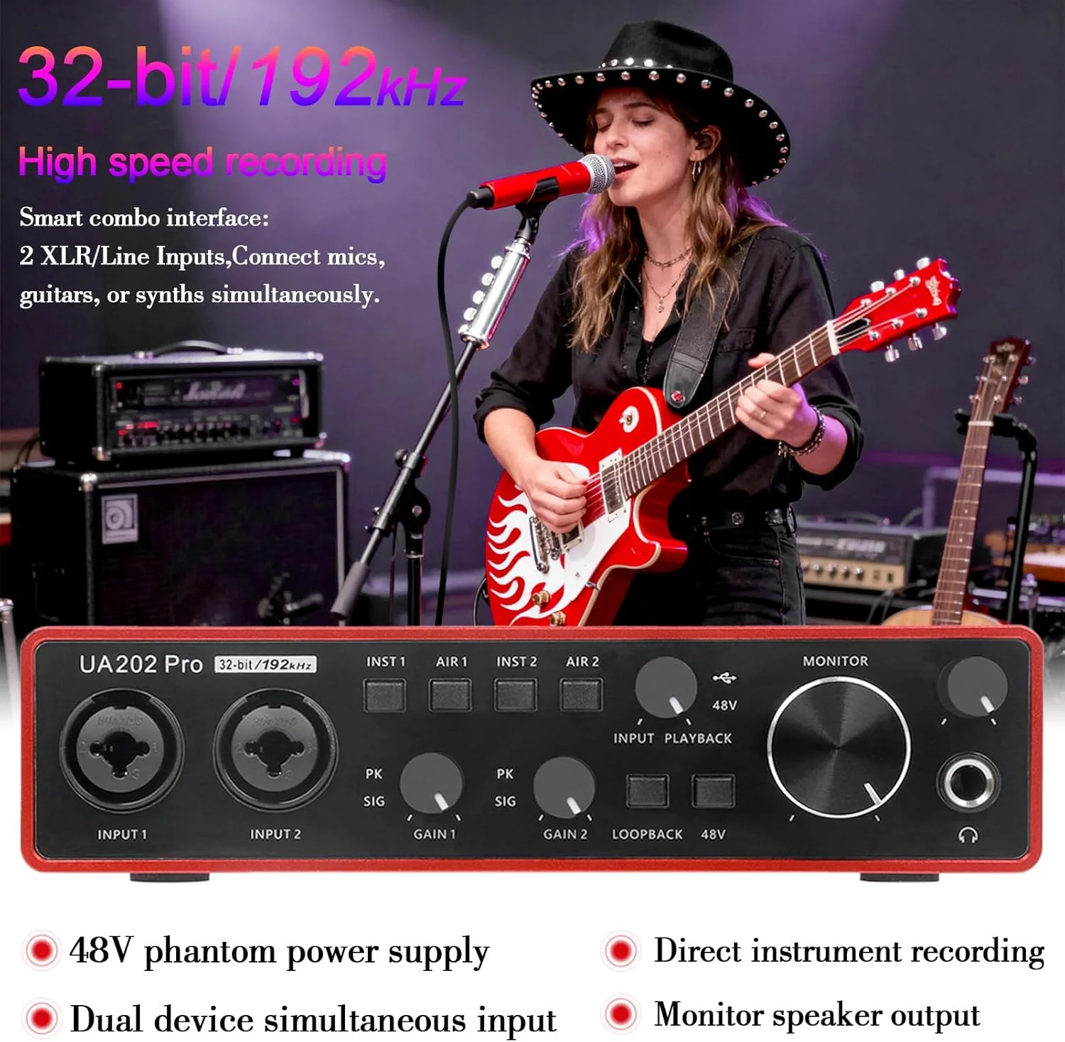 کارت صدای USB برای ضبط موسیقی کامپیوتر (قرمز)، کارت صدای گیتار 2 کاناله، پادکستینگ و استریمینگ 32Bit/192kHz با فانتوم پاور 48 ولت