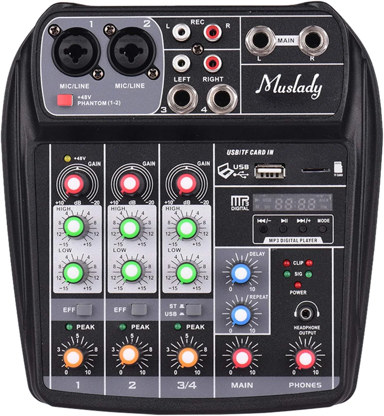 میکسر صوتی جمع و جور Irfora AI-4، میکسر دیجیتال 4 کاناله با ورودی BT MP3 USB، فانتوم پاور 48+ ولت برای ضبط موسیقی، دی جی، پخش زنده شبکه و کارائوکه