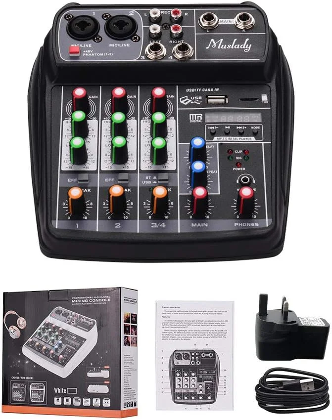 میکسر صوتی جمع و جور Irfora AI-4، میکسر دیجیتال 4 کاناله با ورودی BT MP3 USB، فانتوم پاور 48+ ولت برای ضبط موسیقی، دی جی، پخش زنده شبکه و کارائوکه