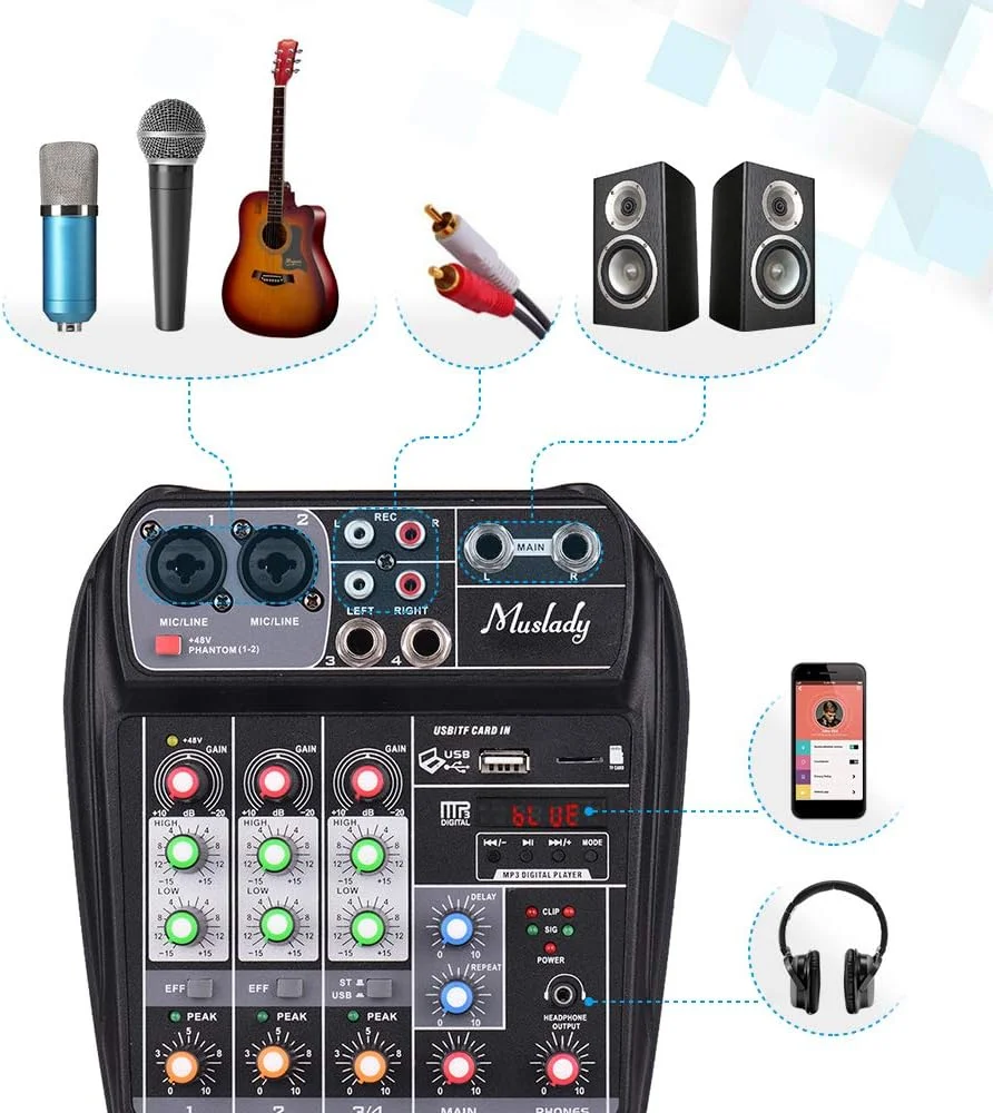 میکسر صوتی جمع و جور Irfora AI-4، میکسر دیجیتال 4 کاناله با ورودی BT MP3 USB، فانتوم پاور 48+ ولت برای ضبط موسیقی، دی جی، پخش زنده شبکه و کارائوکه