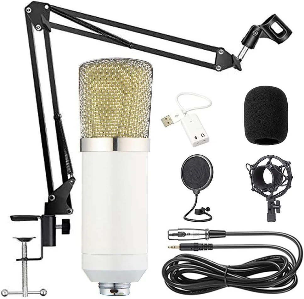 کیت میکروفون کاندنسر BMZJCQA 700، میکروفون گیمینگ، میکروفون PC به 3.5 میلی‌متری با بازوی قیچی تعلیق قابل تنظیم، لرزه‌گیر، برای ضبط استودیویی و پخش (سفید)