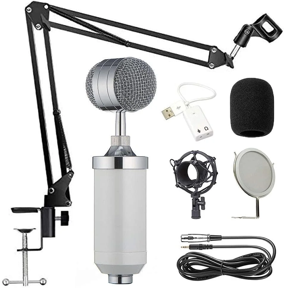 کیت میکروفون کاندنسر، میکروفون گیمینگ، میکروفون پادکست PC به 3.5 میلی متر با بازوی قیچی تعلیق میکروفون قابل تنظیم، برای ضبط استودیویی (سفید)