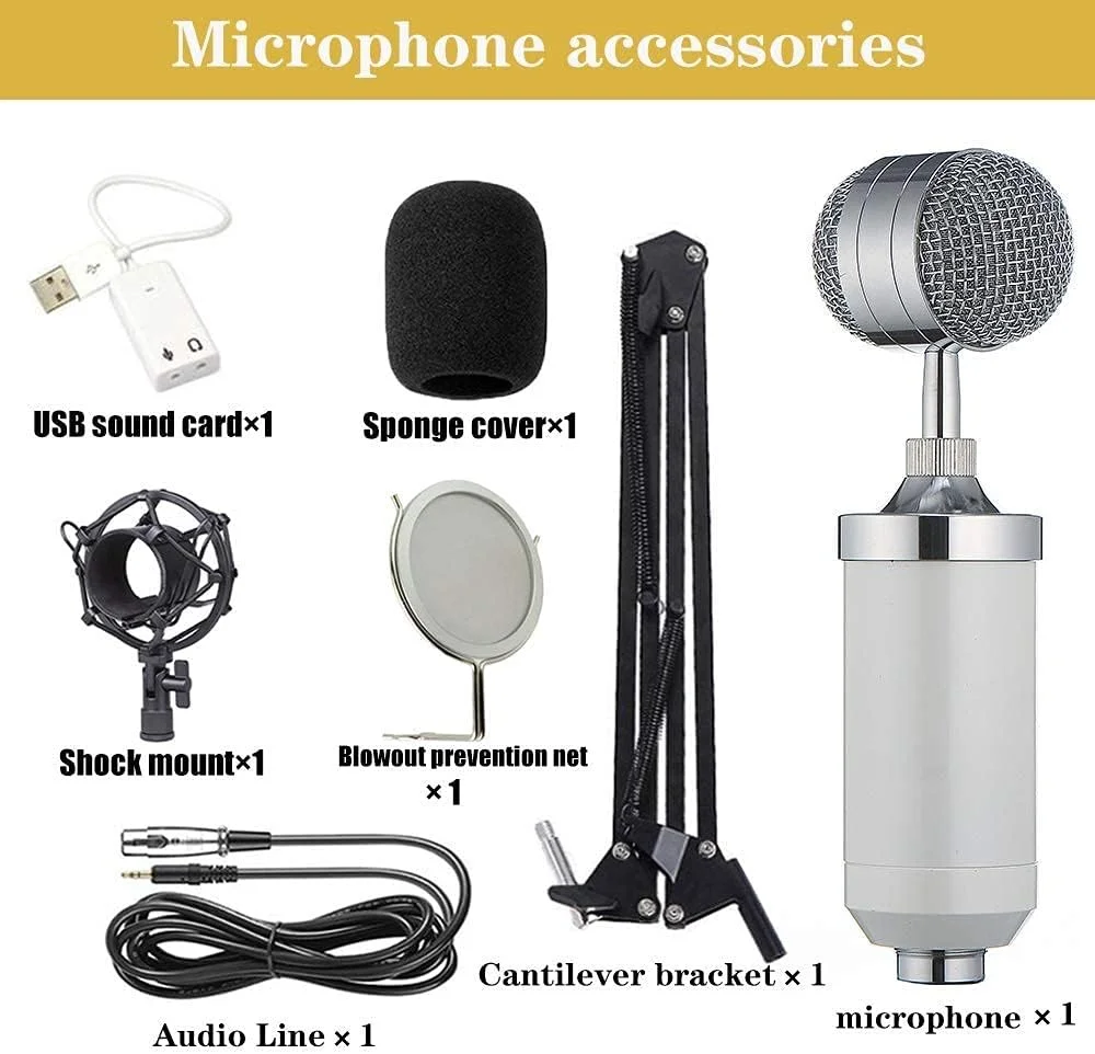 کیت میکروفون کاندنسر، میکروفون گیمینگ، میکروفون پادکست PC به 3.5 میلی متر با بازوی قیچی تعلیق میکروفون قابل تنظیم، برای ضبط استودیویی (سفید)