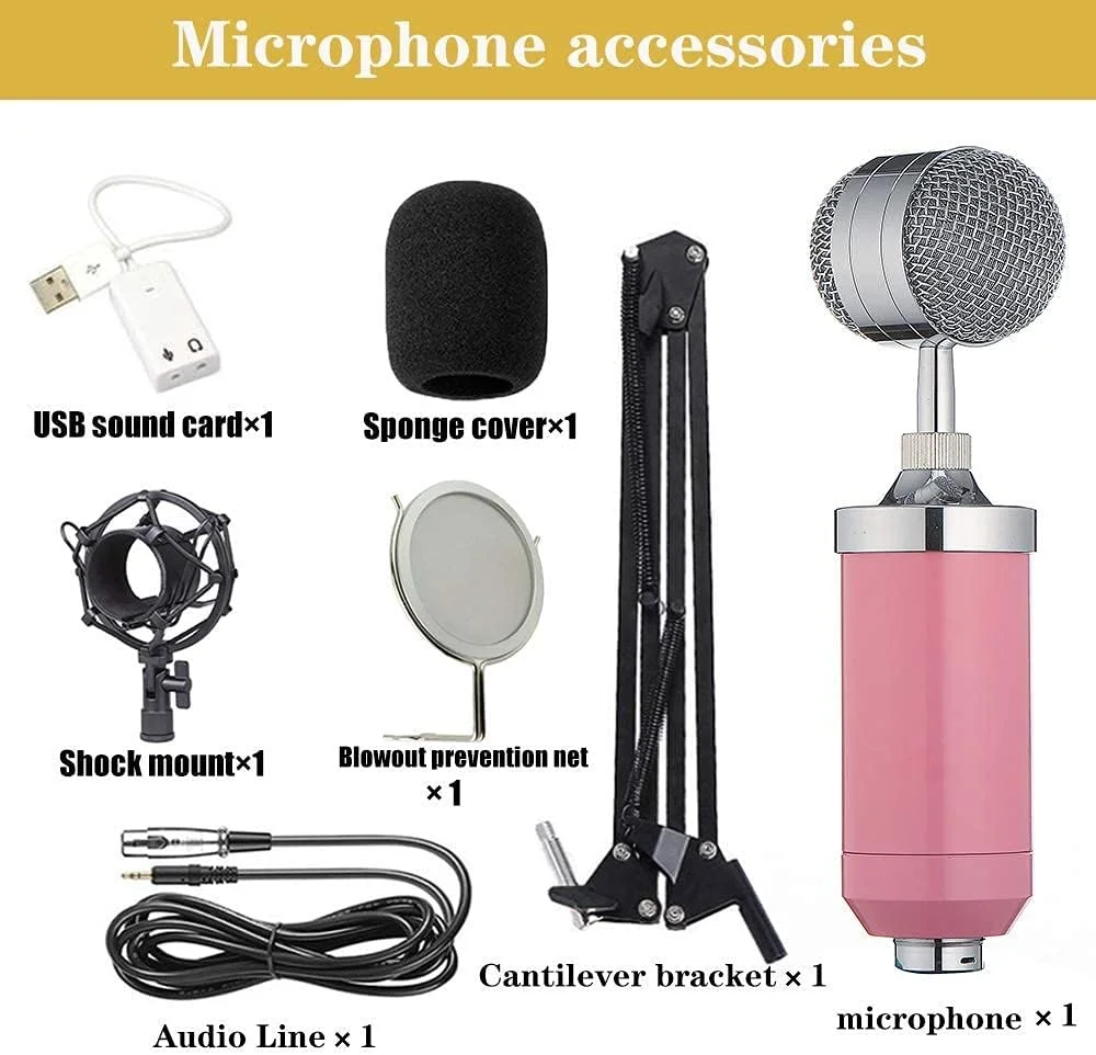 کیت میکروفون کاندنسر، میکروفون گیمینگ، میکروفون پادکست PC به 3.5 میلی‌متر با بازوی قیچی تعلیق میکروفون قابل تنظیم، برای ضبط استودیویی و پخش (صورتی)