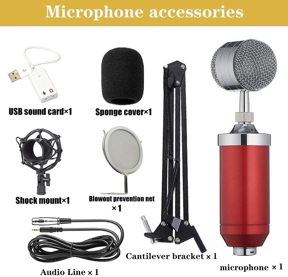 کیت میکروفون کاندنسر، میکروفون گیمینگ، میکروفون پادکست PC به 3.5 میلی‌متر با بازوی قیچی تعلیق میکروفون قابل تنظیم، برای ضبط استودیویی و پخش (قرمز)