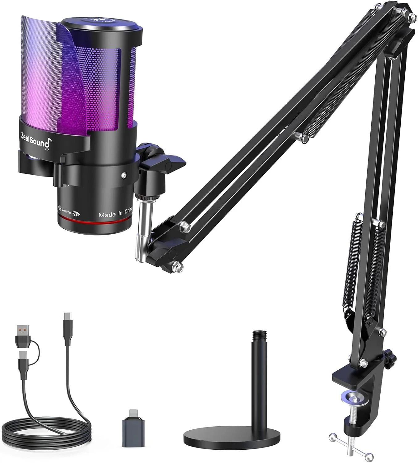 میکروفون USB گیمینگ ZealSound KM8S با قابلیت حذف نویز، میکروفون کاندنسر با لمس برای قطع صدا، کنترل گین، مانیتورینگ، بازوی بوم برای استریمینگ، پادکست، توییچ، یوتیوب، دیسکورد، آیفون، آیپد، کامپیوتر، PS4، PS5، مک، گیمر ویو