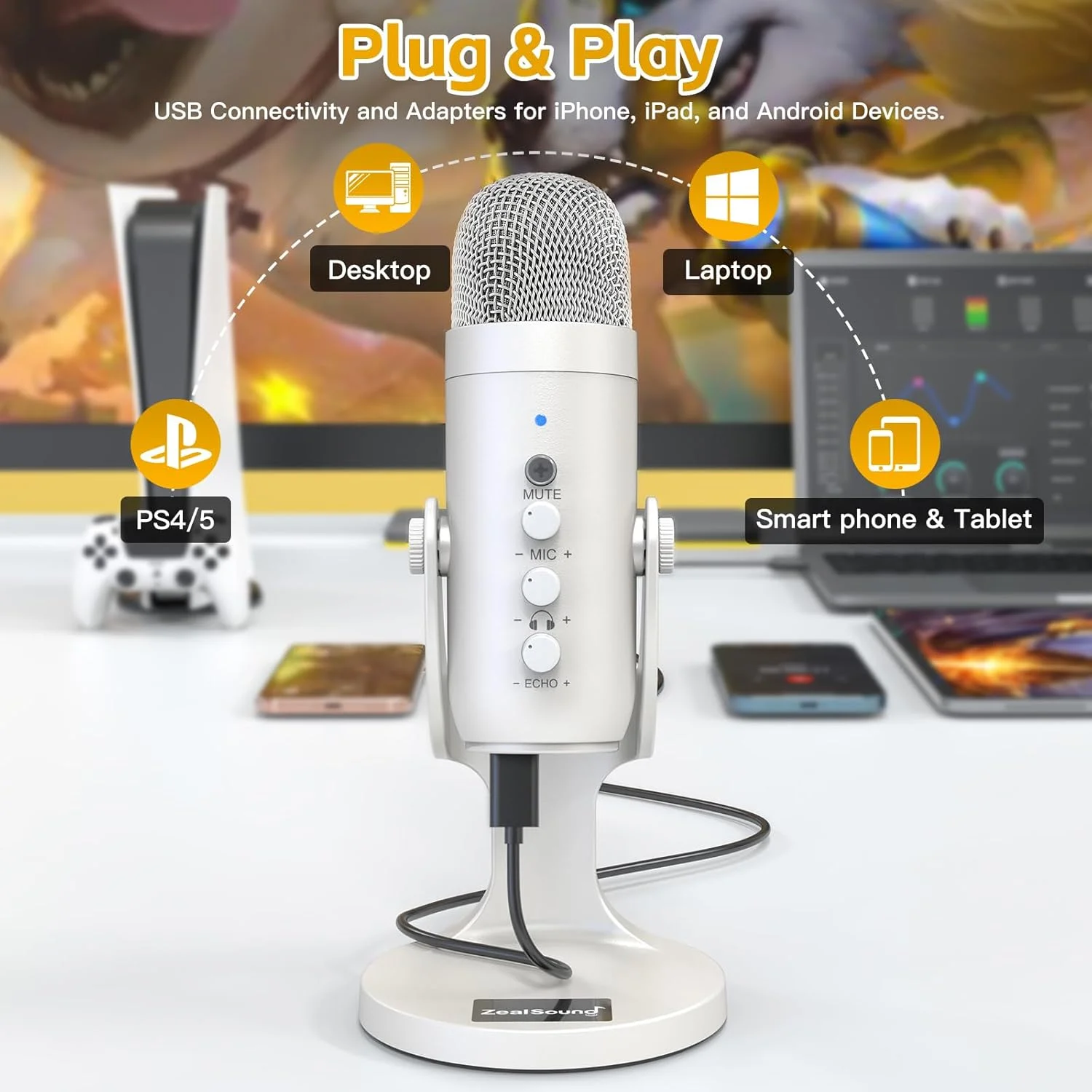 میکروفون کاندنسر Zealsound، میکروفون USB، میکروفون PC، آداپتور تلفن هوشمند، پلاگین و پخش اکو، برای بازی، استریم، ضبط، یوتیوب، توییچ، ASMR، TikTok، سفید
