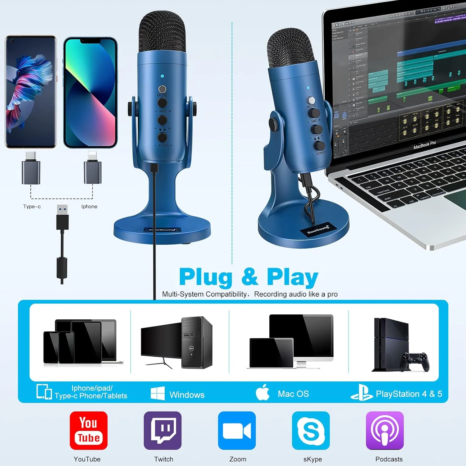 میکروفون کاندنسر USB زیلزاند با آداپتور برای موبایل، کامپیوتر، لپ تاپ، PS4 و PS5 - دارای اکو/قطع صدا برای ضبط، استریم، پادکست، بازی - اتصال آسان میکروفون کاندنسر USB زیلزاند با آداپتور برای موبایل، کامپیوتر، لپ تاپ، PS4 و PS5 - دارای اکو/قطع صدا برای ضبط، استریم، پادکست، بازی - اتصال آسان