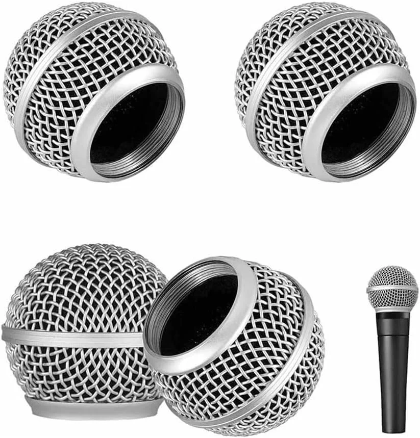 بسته 4 عددی توری فلزی میکروفون، سازگار با میکروفون SM58، توری جایگزین میکروفون وکال، محافظ باد میکروفون، سر فلزی با اسفنج