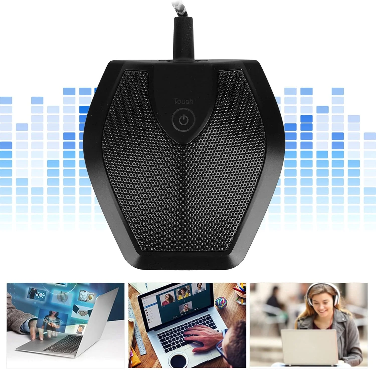 میکروفون کنفرانس USB با عملکرد قطع صدا، دکمه لمسی گیرنده ضبط دو خازنی، اتصال و پخش آسان، الگوهای دریافت چندگانه برای اتاق کنفرانس آموزش ویدیویی، پخش اینترنتی بازی (مشکی)