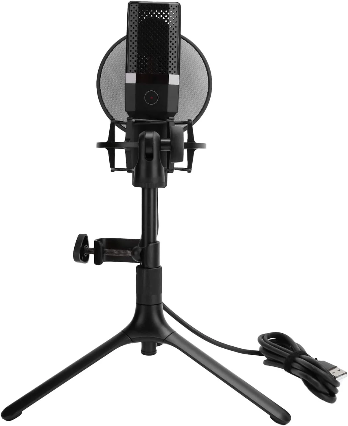 میکروفون کاندنسر کاردیوئید USB حرفه ای ضبط صدا با پایه ضد ضربه، به همراه توری محافظ قابل تنظیم (مشکی)