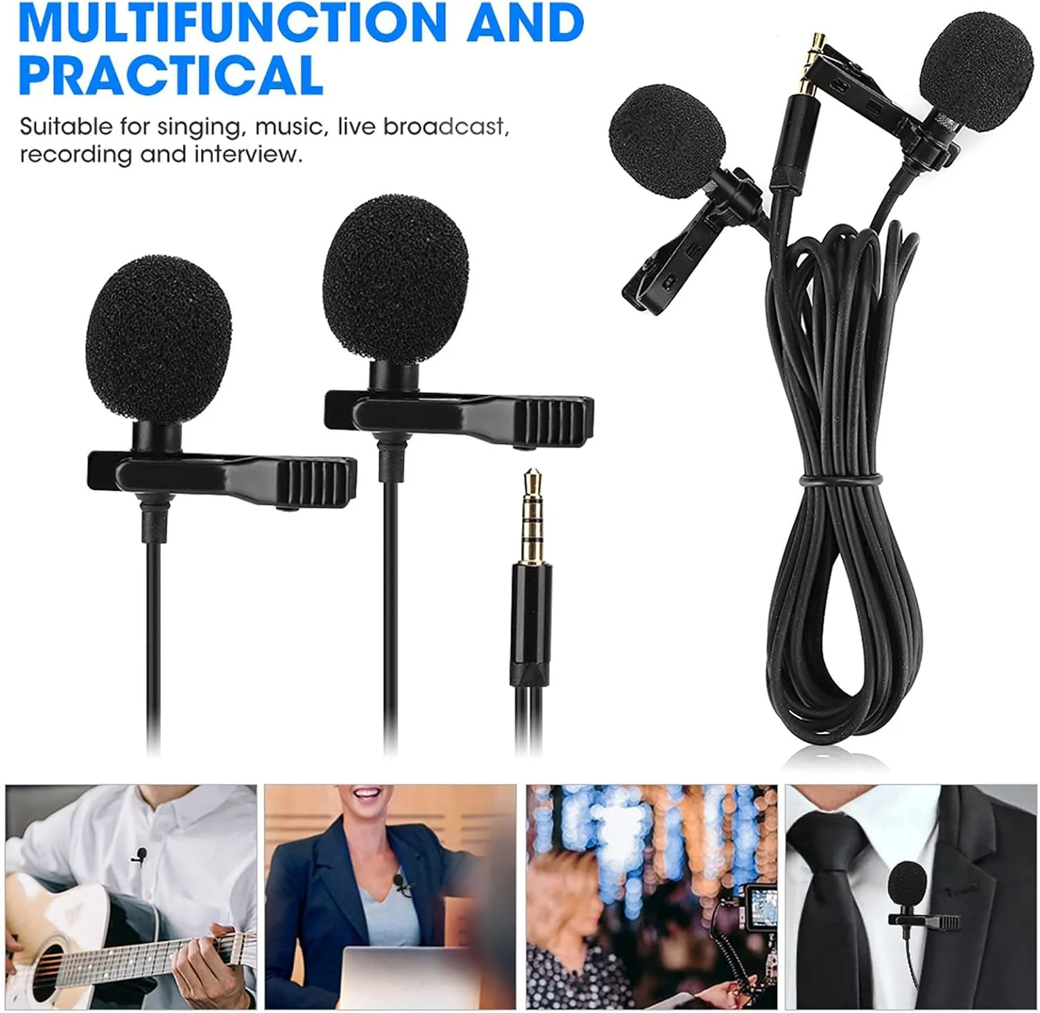 میکروفون یقه‌ای کندانسر اومنی‌دایرکشنال با گیره/نگهدارنده، میکروفون یقه‌ای با دو سر و گیره/نگهدارنده کوچک برای ضبط زنده، پخش و مصاحبه