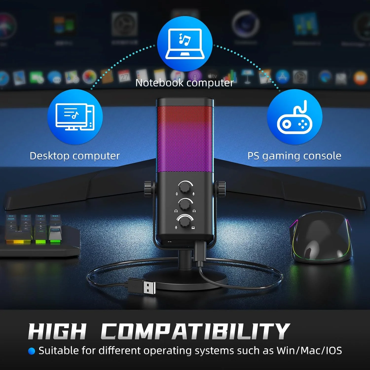 میکروفون گیمینگ USB مدل XTUGA M7 با نورپردازی RGB پویا، میکروفون کاندنسر با قابلیت حذف نویز و مانیتورینگ همزمان برای استریمینگ، پادکست، استودیو، کامپیوتر، PS5 و مک