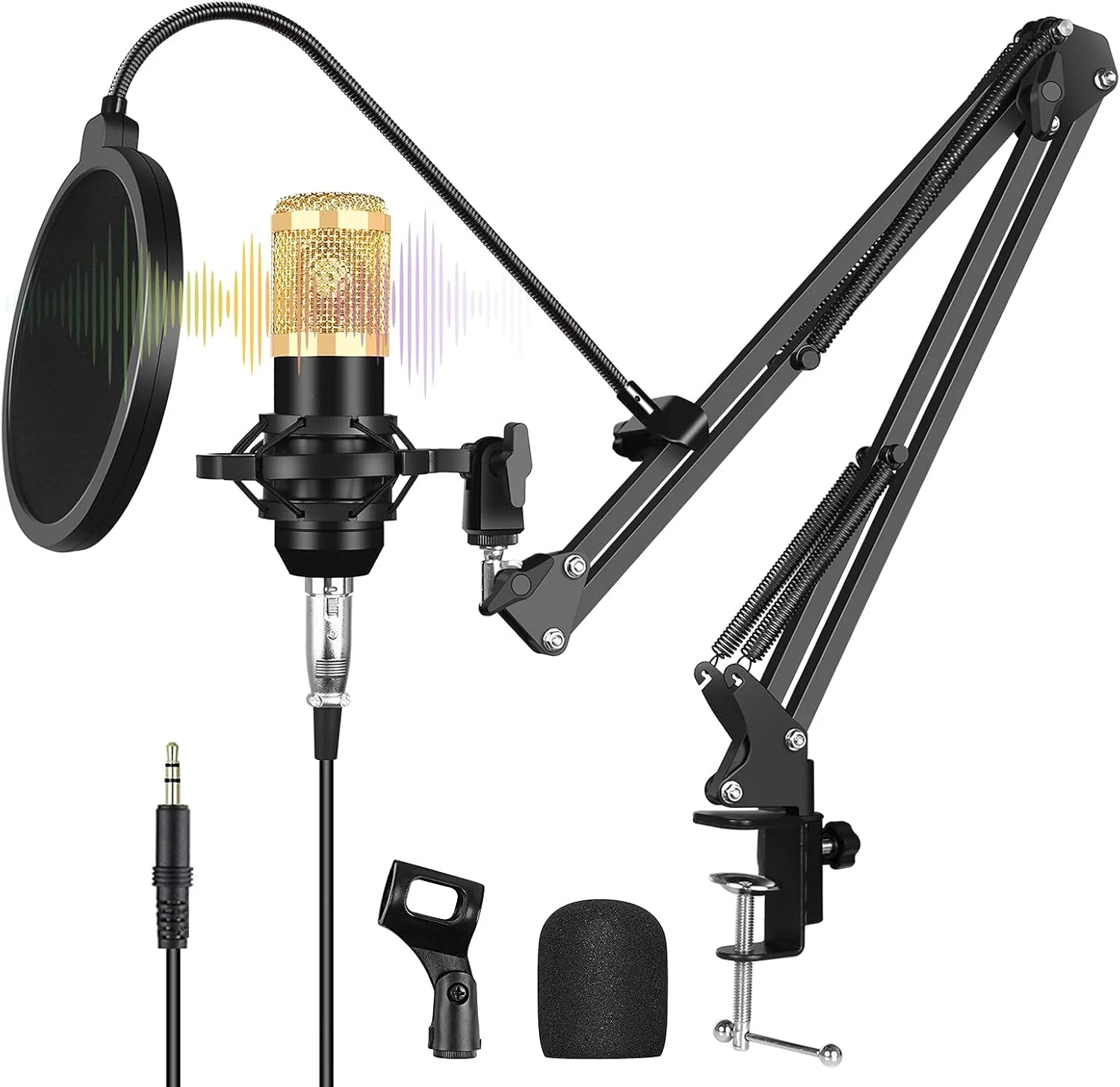 کیت میکروفون USB، میکروفون کاندنسر حرفه ای استودیویی برای ضبط صدا و آواز به همراه بازوی قیچی دار معلق، لرزه گیر فلزی و کارت صدای USB