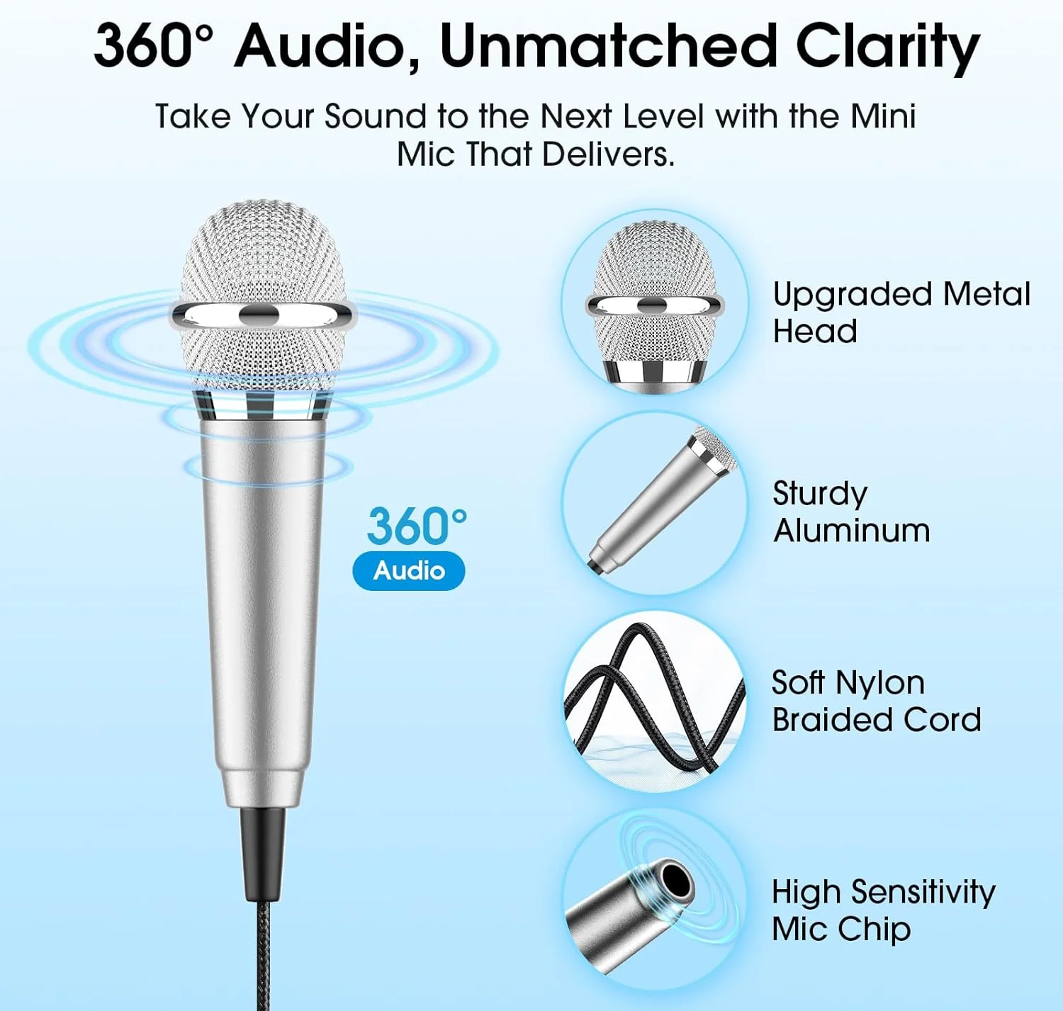 دو عدد میکروفون کوچک قابل حمل با جک 3.5 میلی‌متری برای ضبط صدا، مناسب برای کارائوکه، پادکست و مصاحبه، به همراه پایه، سازگار با آیفون، اندروید و تبلت (آبی و نقره‌ای)