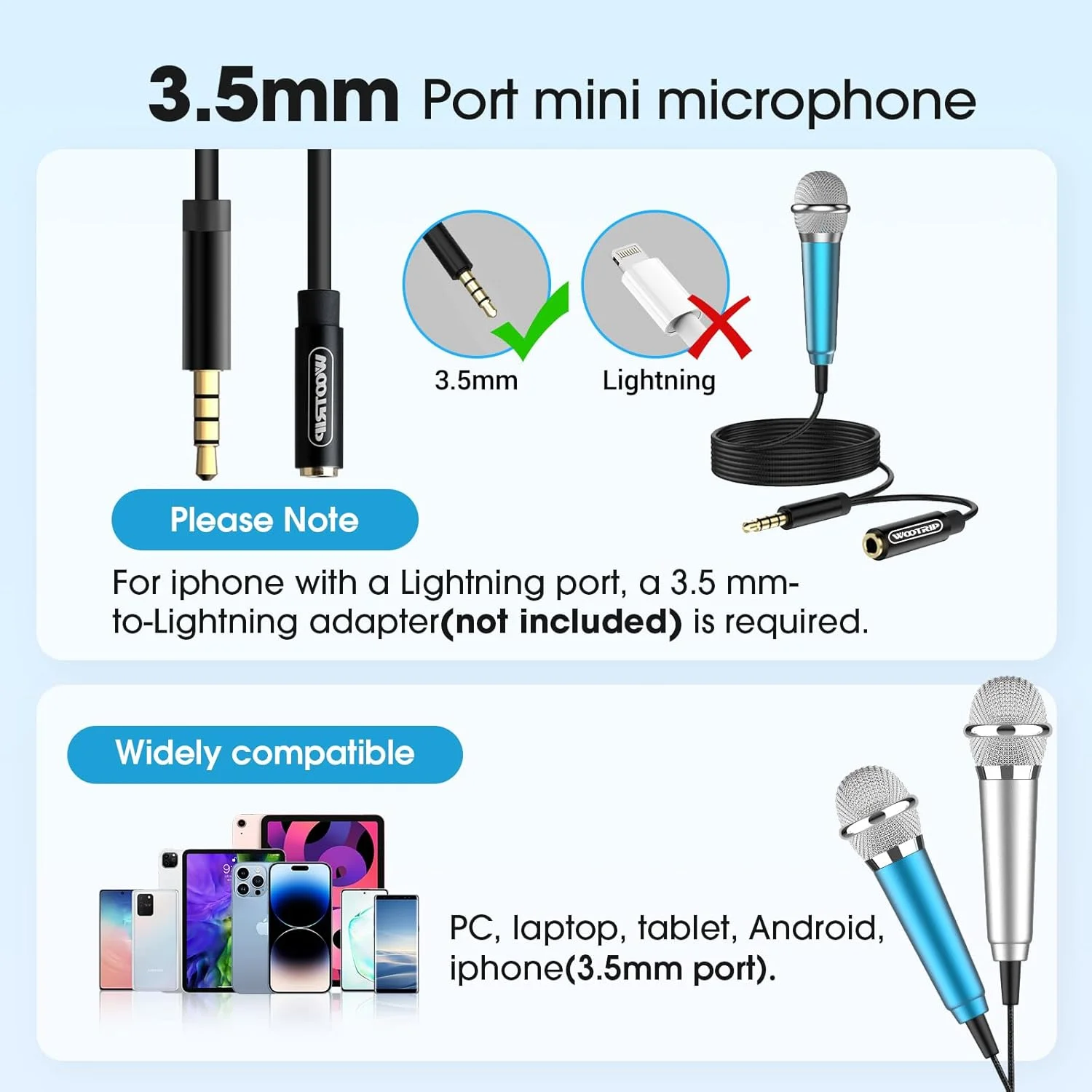 دو عدد میکروفون کوچک قابل حمل با جک 3.5 میلی‌متری برای ضبط صدا، مناسب برای کارائوکه، پادکست و مصاحبه، به همراه پایه، سازگار با آیفون، اندروید و تبلت (آبی و نقره‌ای)