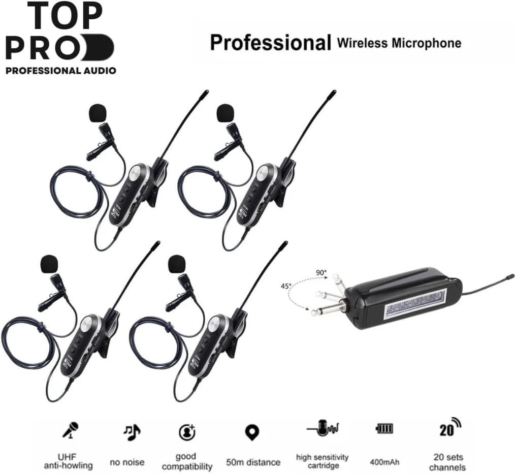 میکروفون یقه ای بی سیم TOP PRO مدل PRO-4CII | سیستم بی سیم حرفه ای UHF | صدای شفاف | نصب آسان | ایده آل برای ارائه ها، مصاحبه ها و رویدادها