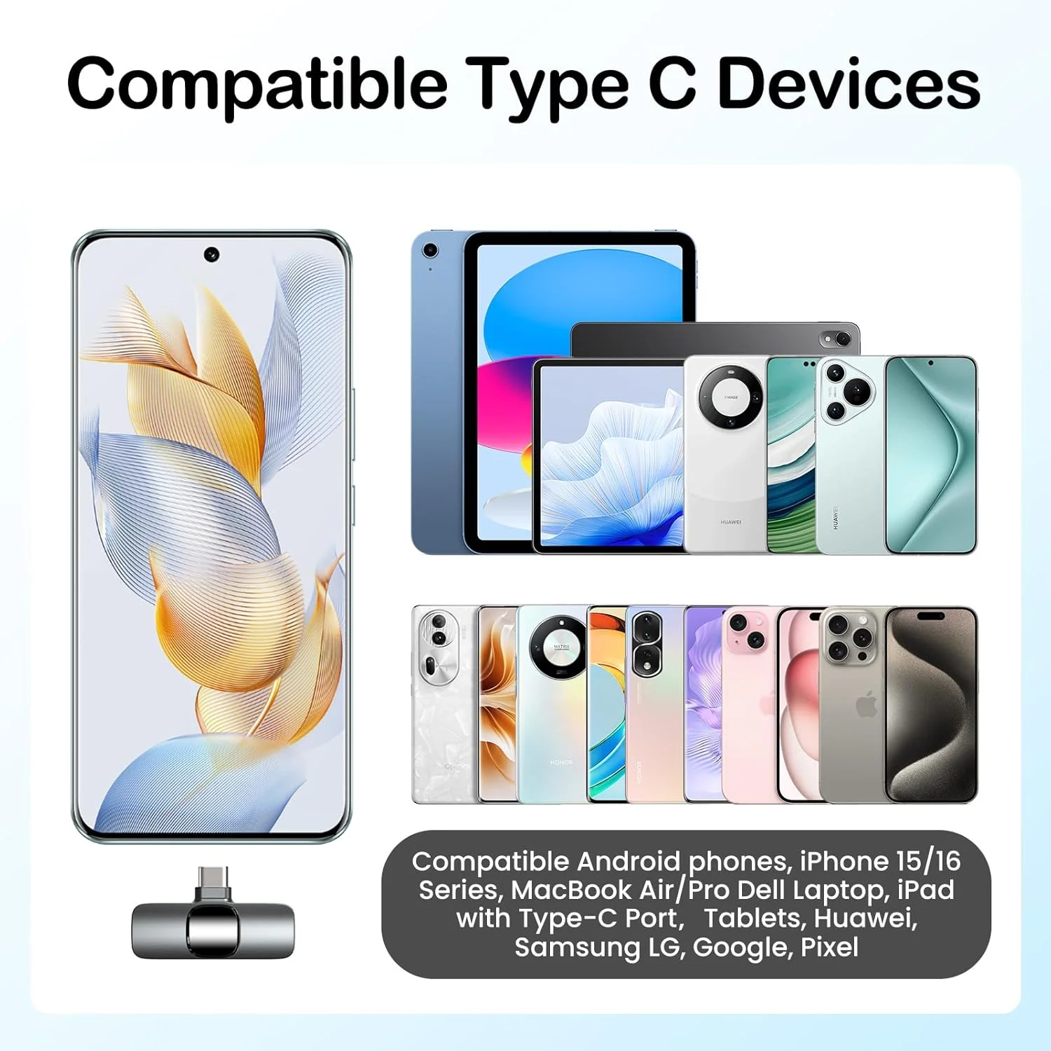 میکروفون یقه ای بی سیم برای گوشی های هوشمند اندروید USB-C (سازگار با آیفون 15/16) - میکروفون کوچک برای ضبط ویدیو، پخش زنده، ولاگ، تیک تاک و یوتیوب - میکروفون تلفن همراه