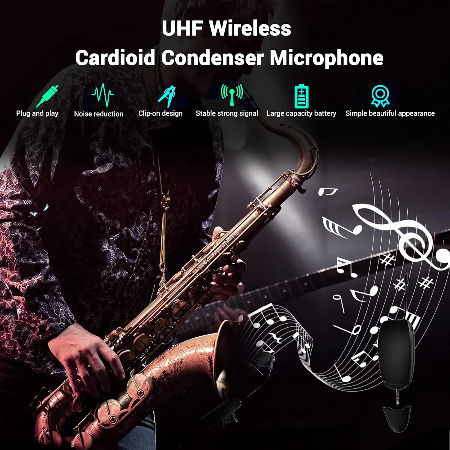 میکروفون بی‌سیم UHF کاردیوئید کندانسور گیره‌ای مناسب تلفن و سازهای موسیقی مانند ساکسیفون، ترومپت و کلارینت