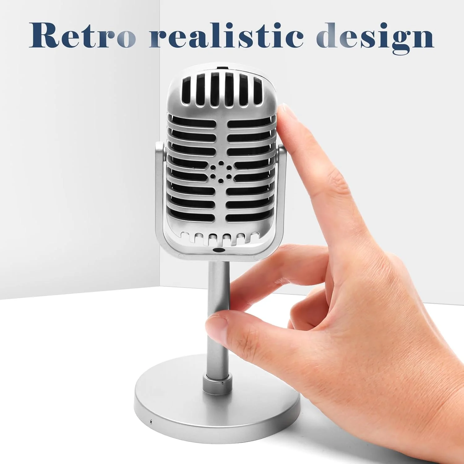 مجموعه 2 عددی میکروفون تزئینی مدل قدیمی، میکروفون عتیقه با پایه، دکوری میکروفون فیک برای تزئینات مهمانی با تم موسیقی و بازی (غیر واقعی) (نقره ای)