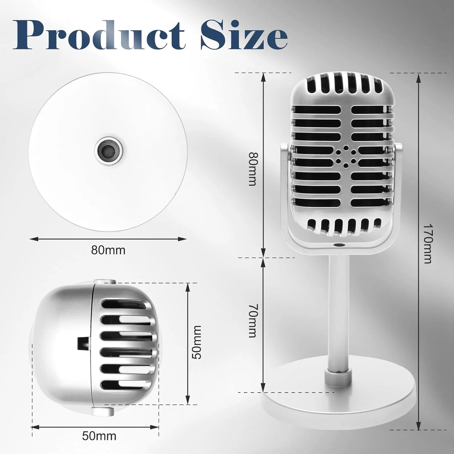 مجموعه 2 عددی میکروفون تزئینی مدل قدیمی، میکروفون عتیقه با پایه، دکوری میکروفون فیک برای تزئینات مهمانی با تم موسیقی و بازی (غیر واقعی) (نقره ای)