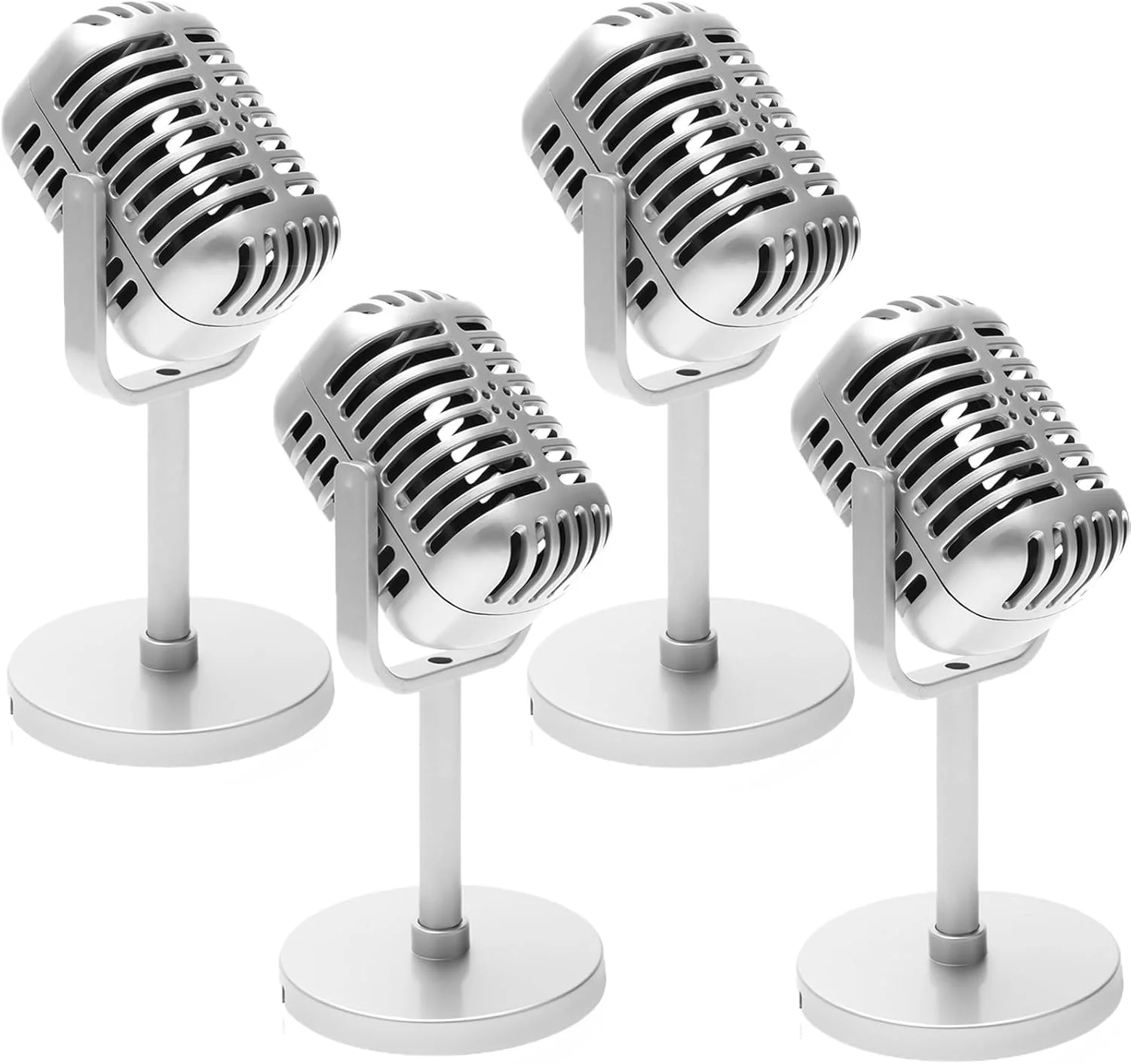 مدل میکروفون قدیمی تزئینی بسته 4 عددی، میکروفون عتیقه تزئینی با پایه برای دکوراسیون مهمانی و بازی (غیر واقعی) (نقره ای) مدل میکروفون قدیمی تزئینی بسته 4 عددی، میکروفون عتیقه تزئینی با پایه برای دکوراسیون مهمانی و بازی (غیر واقعی) (نقره ای)