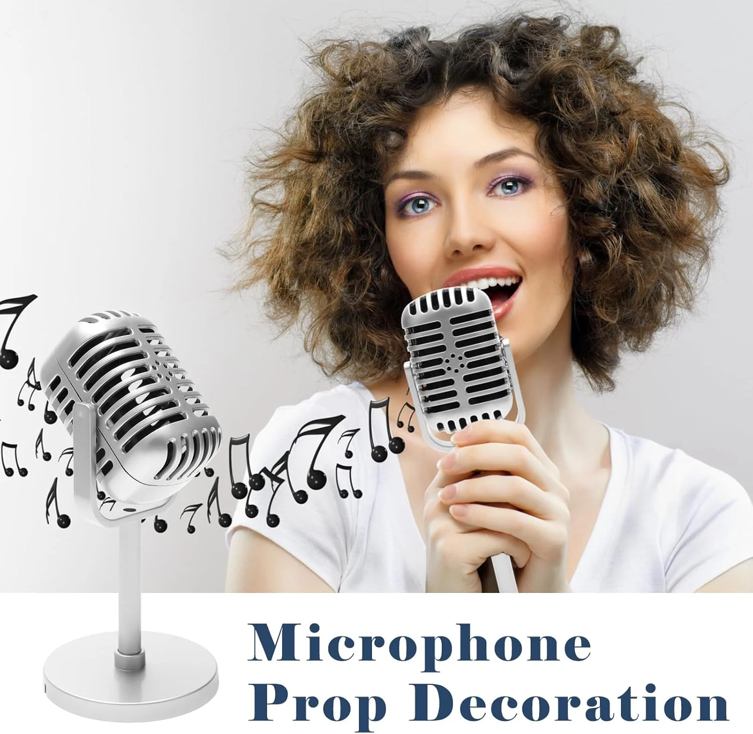 مدل میکروفون قدیمی تزئینی بسته 4 عددی، میکروفون عتیقه تزئینی با پایه برای دکوراسیون مهمانی و بازی (غیر واقعی) (نقره ای)