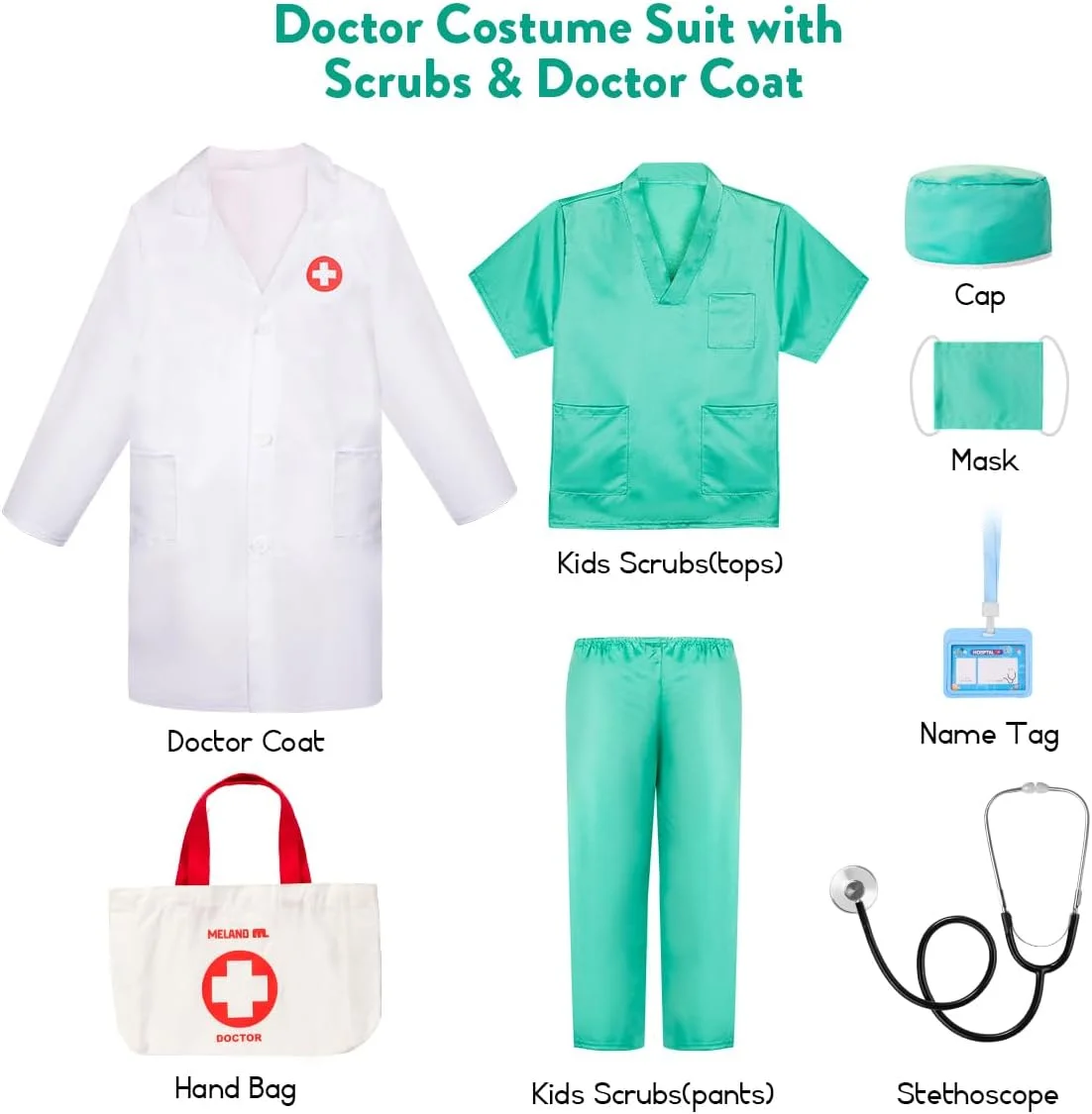 لباس پزشک ملند برای دختران - لباس اسکراب بچه گانه با روپوش آزمایشگاهی و کیف حمل، لباس پزشک برای هالووین، ایفای نقش روز شغلی