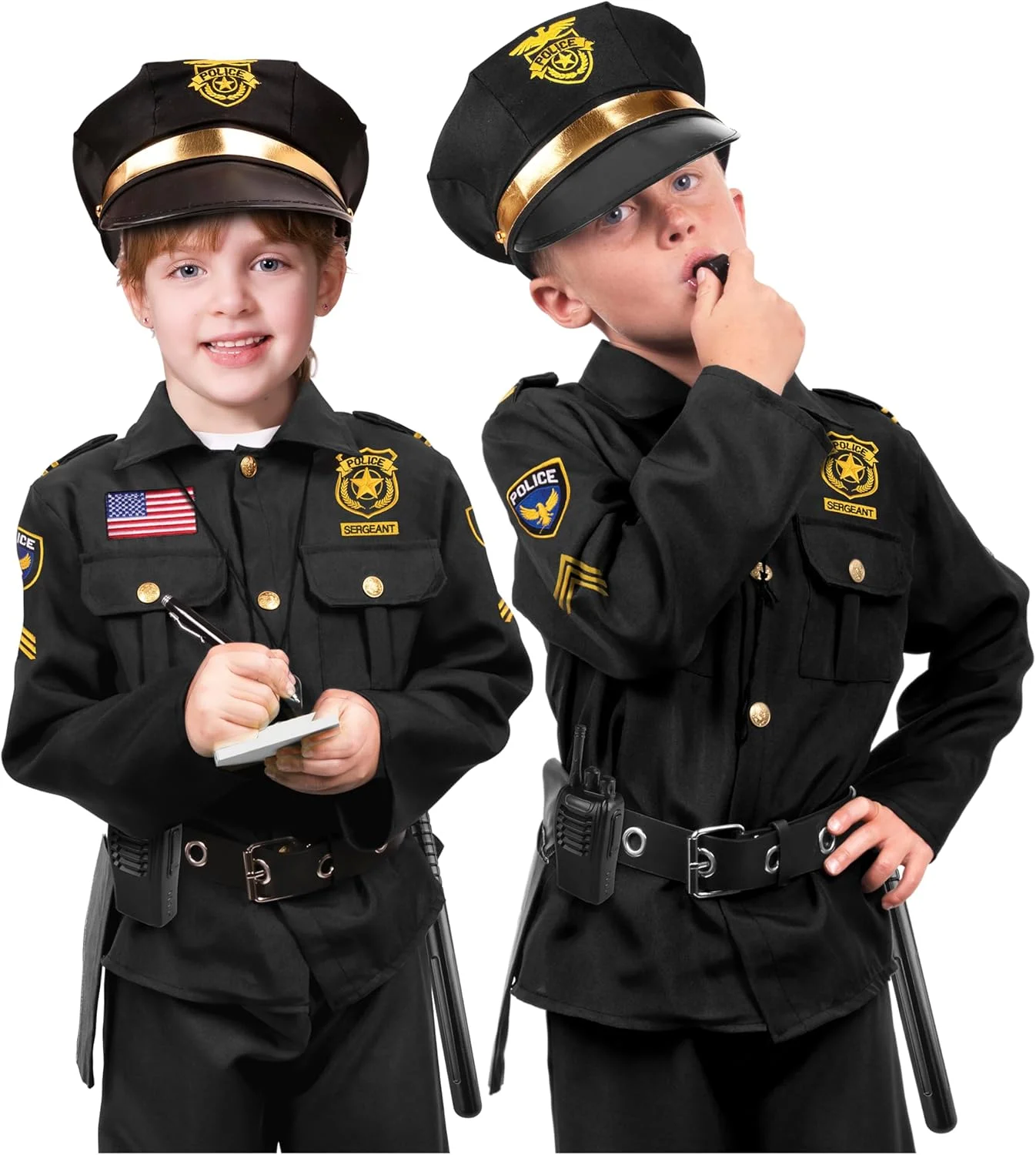 ست لباس پلیس کانگورو برای کودکان – 12 تکه لباس افسر مشکی با کلاه، نشان، دستبند، غلاف و موارد دیگر ست لباس پلیس کانگورو برای کودکان – 12 تکه لباس افسر مشکی با کلاه، نشان، دستبند، غلاف و موارد دیگر