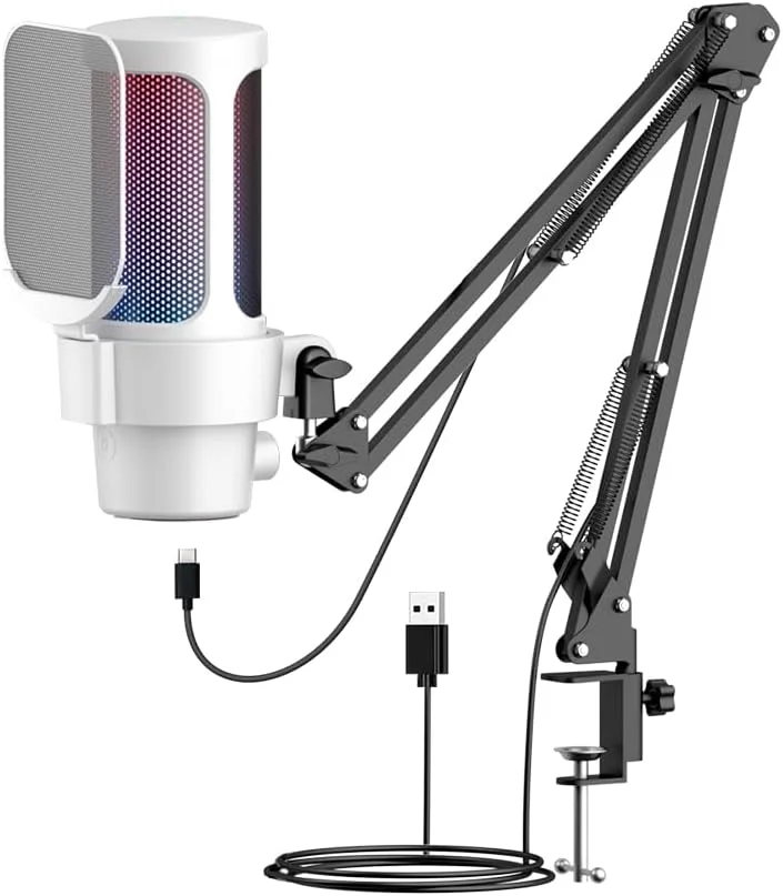 میکروفون گیمینگ USB ViaGasaFamido با نورپردازی RGB، حالت کاردیوئید، کنترل سریع و بهره برای بازی و استریمینگ کامپیوتر (سفید) میکروفون گیمینگ USB ViaGasaFamido با نورپردازی RGB، حالت کاردیوئید، کنترل سریع و بهره برای بازی و استریمینگ کامپیوتر (سفید)