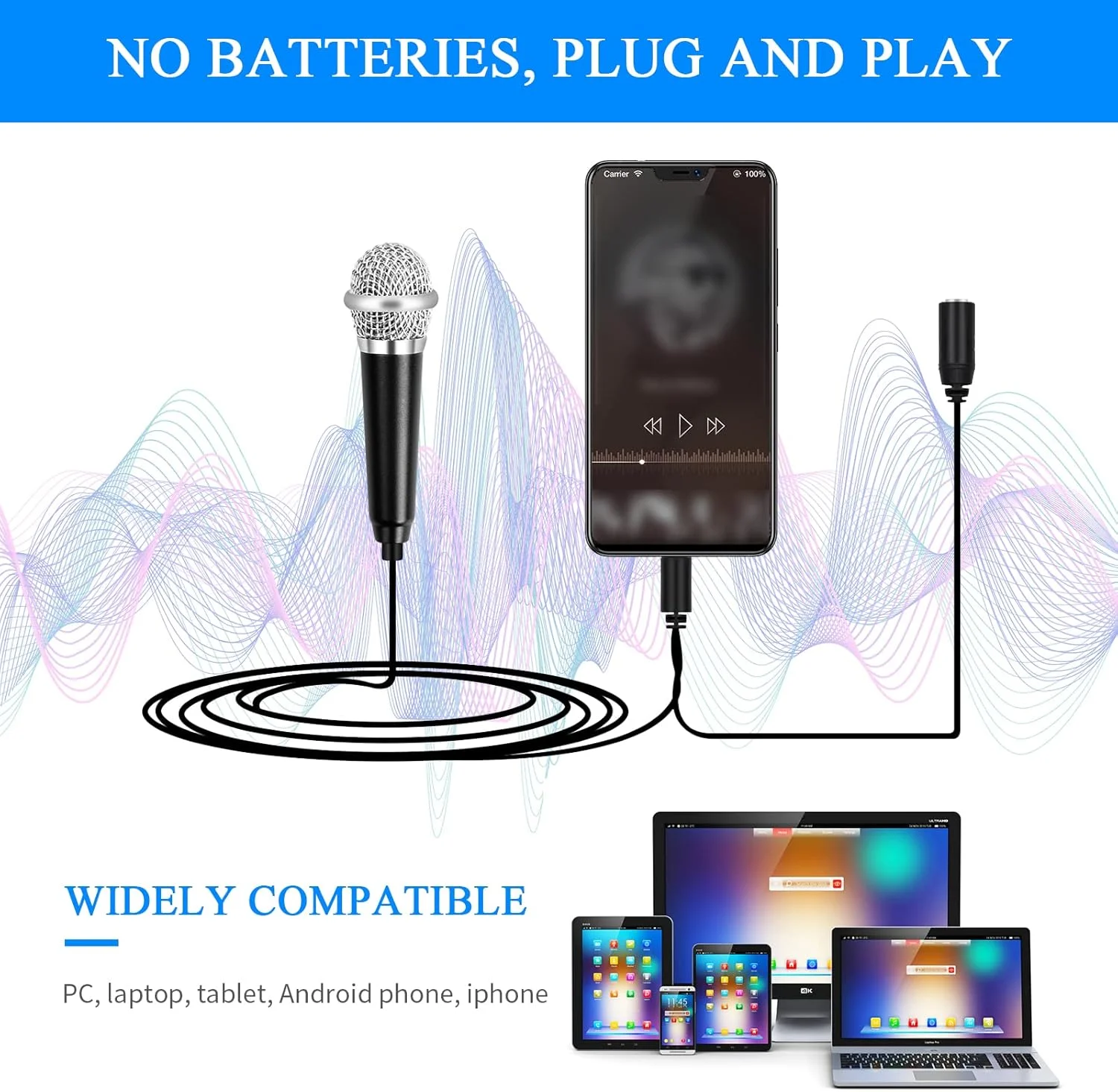 میکروفون کارائوکه کوچک، میکروفون قابل حمل کوچک، میکروفون فلزی سیمی، میکروفون کاندنسر کارائوکه برای تلفن، کامپیوتر (مشکی)