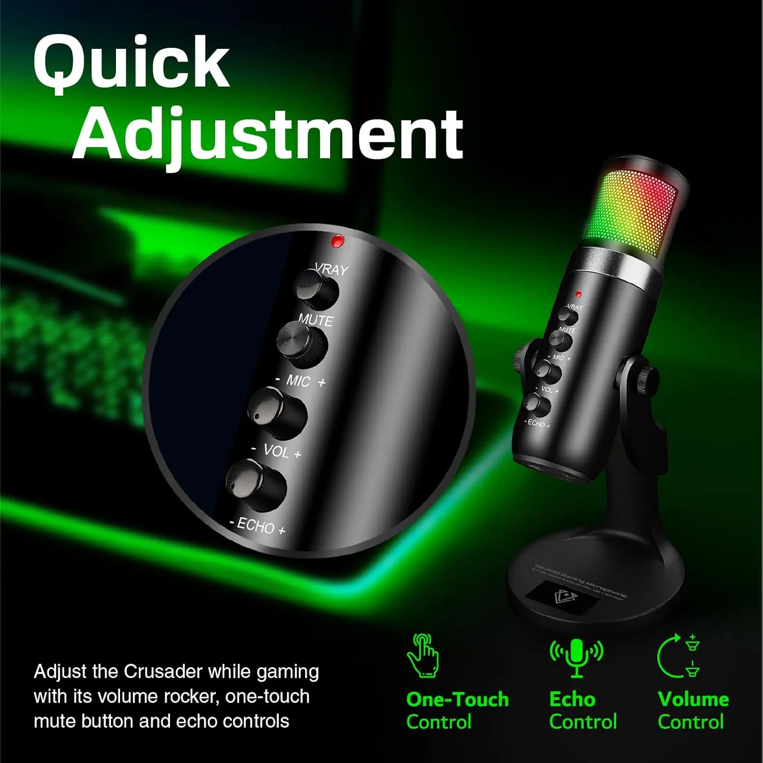 میکروفون گیمینگ کاردیوئید یک طرفه و فوق حساس Vertux USB با کندانسور | مناسب PC، PS4 و Mac | دارای جلوه نور چندگانه LED - مشکی