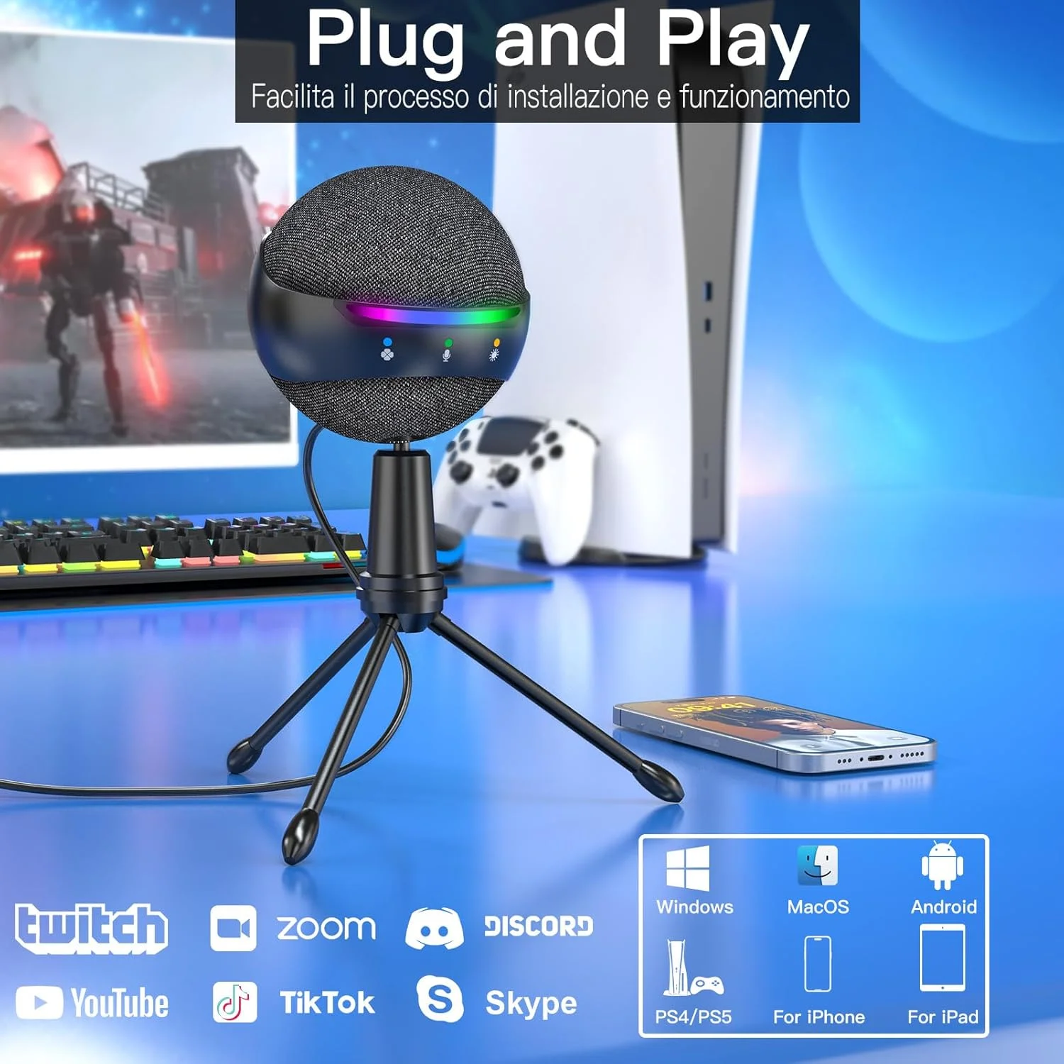 میکروفون USB برای کامپیوتر، آیفون، لپ تاپ، PS4/5 - حذف نویز فعال، قطع صدای لمسی، کنترل های اکو/RGB/صدا، جک مانیتور. ایده آل برای پادکست، بازی، زوم، یوتیوب، دیسکورد و توییچ
