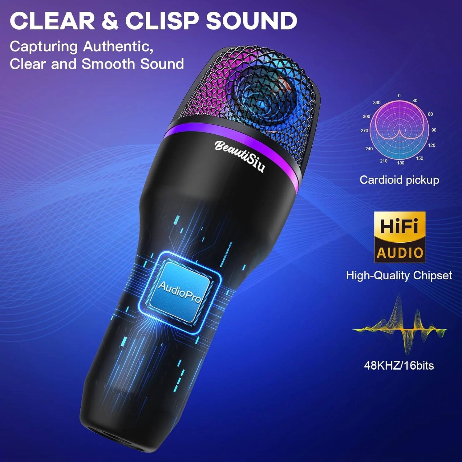 میکروفون USB مخصوص بازی برای کامپیوتر - میکروفون کاندنسر چت آنلاین برای مبتدیان، میکروفون کامپیوتر RGB با سه پایه و پاپ فیلتر، برای استریم پادکست و تماس