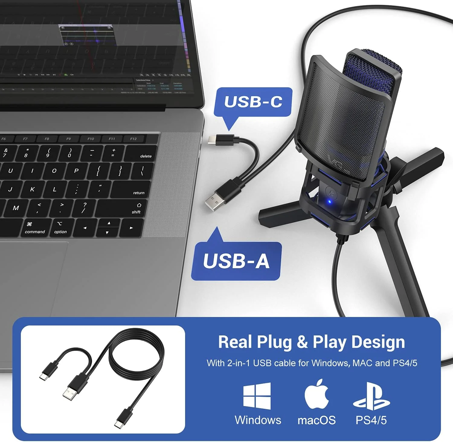 میکروفون USB ویگئو برای کامپیوتر و PS5، میکروفون کاندنسر گیمینگ با قطع صدای سریع، نشانگر، پایه سهپایه، پاپ فیلتر و لرزهگیر، مناسب استریم، پادکست، چت و ضبط صدا، آبی مدل VM30 میکروفون USB ویگئو برای کامپیوتر و PS5، میکروفون کاندنسر گیمینگ با قطع صدای سریع، نشانگر، پایه سهپایه، پاپ فیلتر و لرزهگیر، مناسب استریم، پادکست، چت و ضبط صدا، آبی مدل VM30