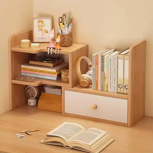 قفسه کتاب رومیزی گوشه ای 3 طبقه با کشو، قفسه رومیزی چوبی، قفسه کتاب پیشخوان مستقل برای دفتر کار و آشپزخانه (002)