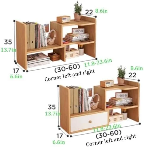قفسه کتاب رومیزی گوشه ای 3 طبقه با کشو، قفسه رومیزی چوبی، قفسه کتاب پیشخوان مستقل برای دفتر کار و آشپزخانه (002)