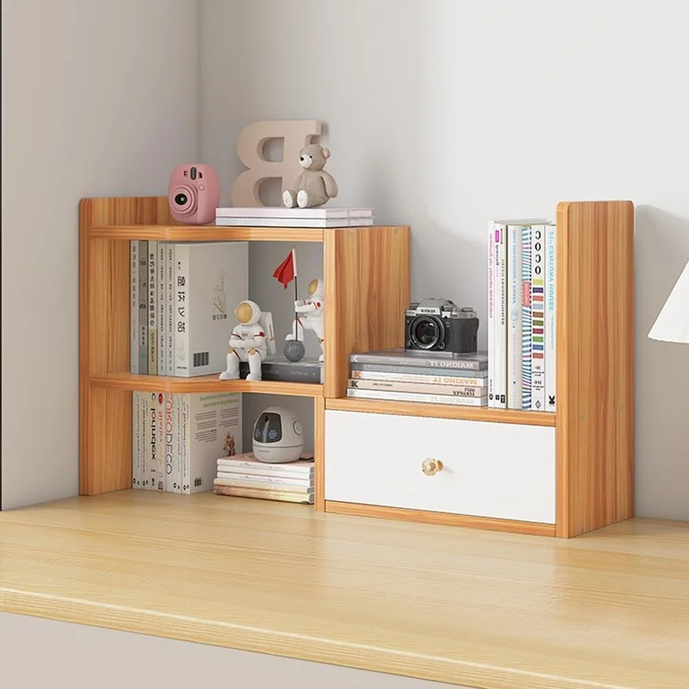 قفسه کتاب رومیزی گوشه ای 3 طبقه با کشو، قفسه رومیزی چوبی، قفسه کتاب پیشخوان مستقل برای دفتر کار و آشپزخانه (002)