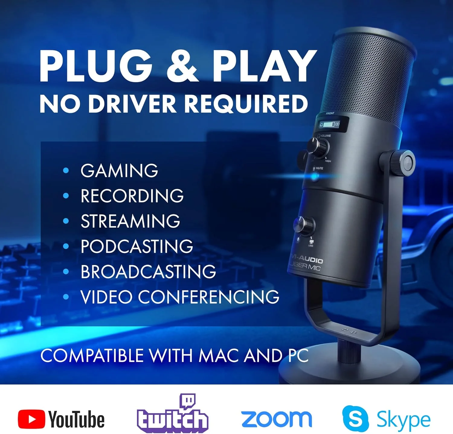 میکروفون USB حرفه ای M-Audio Uber Mic با الگوهای قطبی قابل تعویض و خروجی هدفون یکپارچه، مشکی میکروفون USB حرفه ای M-Audio Uber Mic با الگوهای قطبی قابل تعویض و خروجی هدفون یکپارچه، مشکی